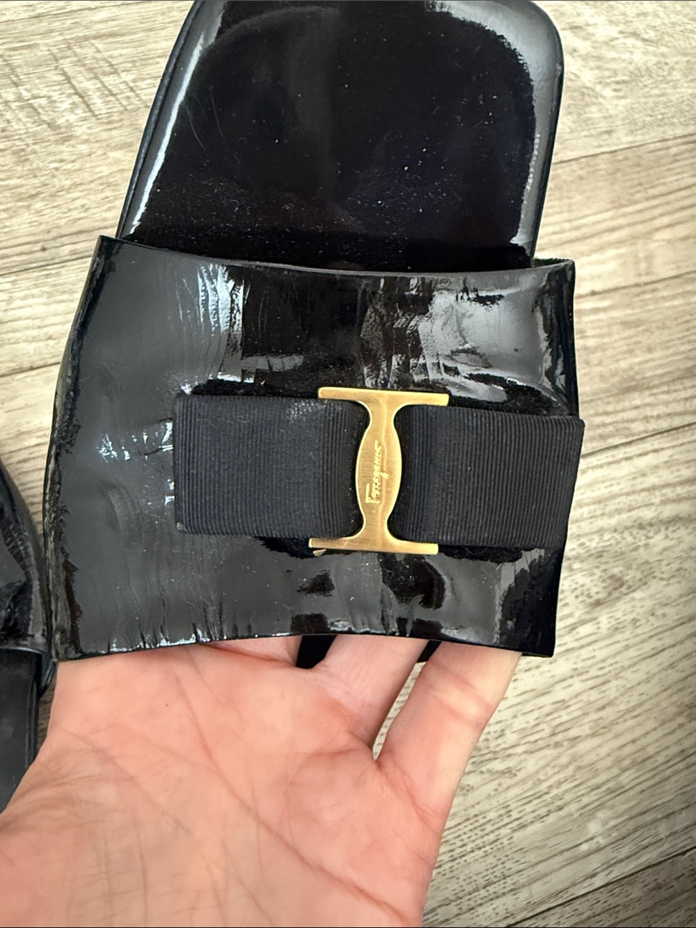 Salvatore Ferragamo Black Patent Leather Slide heels with bow and Gold Logo - Picture 7 of 7
